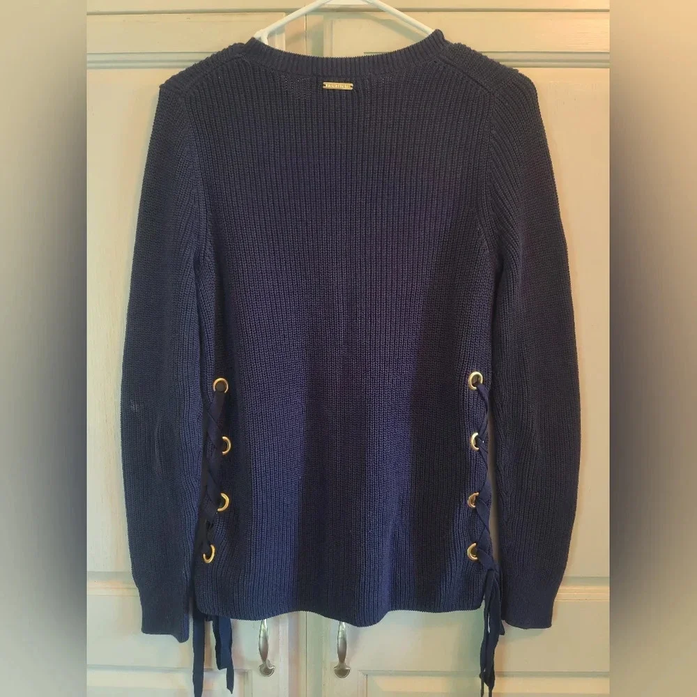 Michael Kors Blue Chunky Rib Knit Side Tie Long Sleeve Sweater